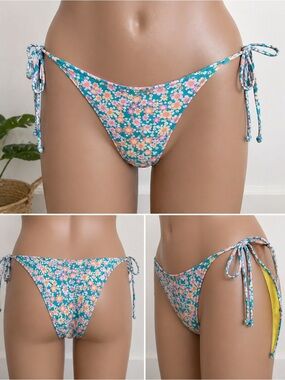 Lolli Swim Floral String Bikini Bottom Women’s Large Blue Pink Daisy Cheeky